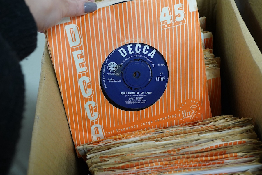 Three boxes of 7 inch singles, all on Decca record label, artists include; Dave Berry, Billy Fury, the Big Three, Chris Ravel, the Sunspots, Max Bygraves, the Tornadoes, Larry Page Orchestra, The Rolling Stones Small Fac